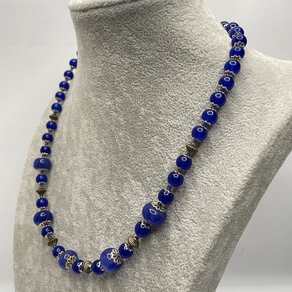 Earth Mined Sapphire Blue Gemstone Gold Tone Beaded Necklace Statement Bold - Picture 4 of 8